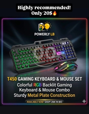 Computers Parts & Software Accessories in Mazraa - كيبورد وماوس قيمنق T450 بمعدن متين وإضاءة RGB | T450 Metal Gaming Keyboard &amp; Mouse Set