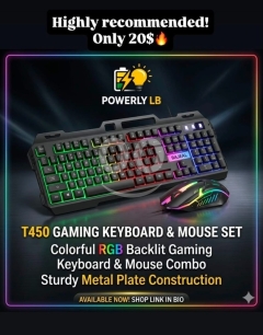 كيبورد وماوس قيمنق T450 بمعدن متين وإضاءة RGB | T450 Metal Gaming Keyboard & Mouse Set