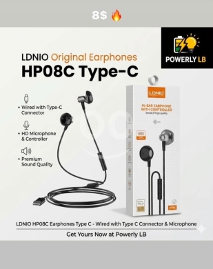 Mobile accessories dans Mazraa - سماعات LDNIO HP08C الأصلية بمدخل Type-C وميكروفون | LDNIO HP08C Original Type-C Earphones