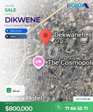 Lands for sale dans Dekouaneh - 515 m2 Land 4 Sale in Dikwene,PRIME LOCATION - أرض في الدكوانه - JY19.L.68