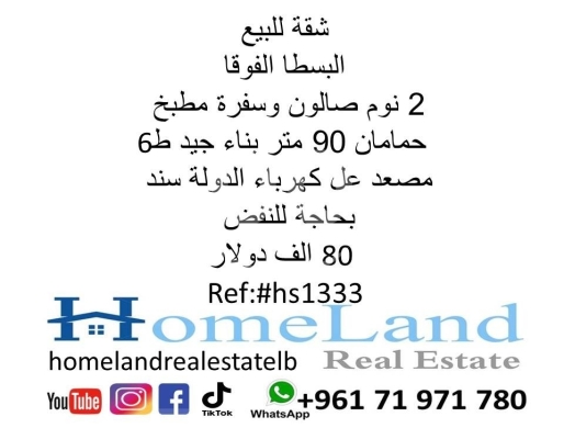 شقق للبيع في بسطة - شقة للبيع في البسطا الفوقا 90م طابق سادس | Apartment for Sale in Basta El Fawka 90sqm