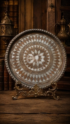 صدر نحاس مطعم بالفضة - قطعة فنية فريدة | Silver-Inlaid Copper Tray - A Unique Piece of Art