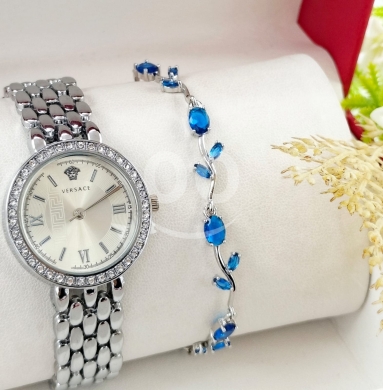 Clothes, Footwear & Accessories in Minieh - طقم ساعة نسائية فضية وسوار فخم بأحجار زرقاء | Women&#039;s Silver Watch &amp; Blue Stone Bracelet Set