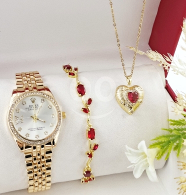 Clothes, Footwear & Accessories in Minieh - طقم ساعة ذهبية وقلادة وسوار بأحجار حمراء | Golden Watch, Necklace, and Red Stone Bracelet Set