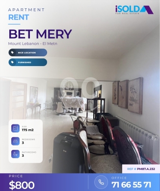 Apartments for rent in Beit Meri - A furnished 175 m2 apartment for rent in Bet Mery/ PM87.A.232