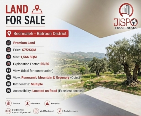Lands for sale in Batroun - 1,566 Sqm Prime Land for Sale in Bechealeh - Batroun