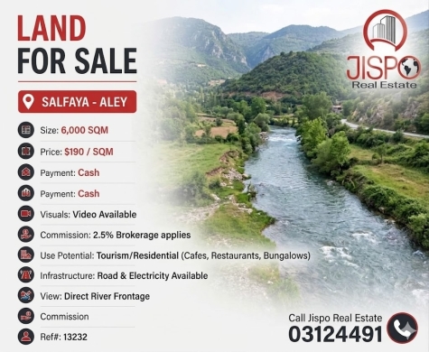 Lands for sale in Aley - 6,000 Sqm Riverside Investment Land for Sale in Salfaya - Aley