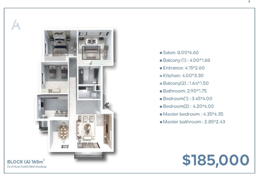 شقة 165م مع روف للبيع بـ 185,000$ | 165sqm Flat with Rooftop for $185k