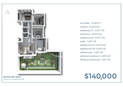 شقة أرضية 120م مع حديقة للبيع بـ 140,000$ | 120sqm Ground Floor Flat with Garden $140k