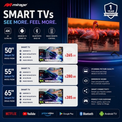 تلفزيونات ميراج الذكية إل إي دي عالية الدقة والوضوح مع ضمان لمدة عام | MIRAGE Smart LED TVs