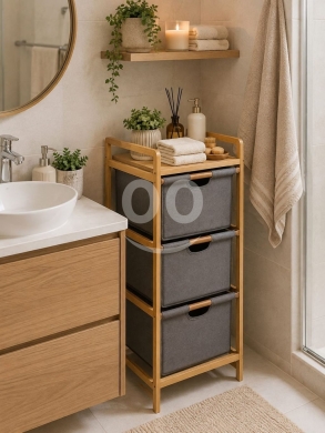 منظم حمام خشبي من الخيزران الفاخر مع أدراج قماشية | Premium Bamboo Bathroom Stand with Fabric Drawer