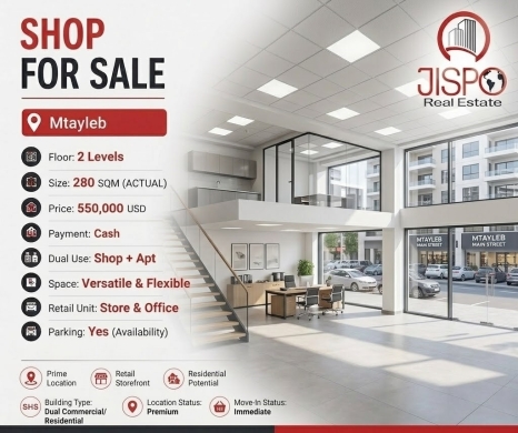 280 Sqm Prime Shop for Sale in Mtayleb Main Road - Maten