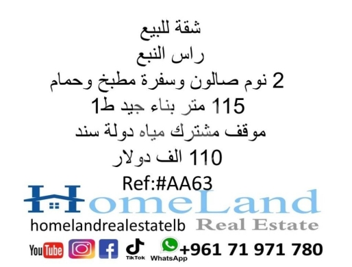 Apartments for sale in Ras El Nabaa - شقة للبيع راس النبع 2 نوم صالون وسفرة مطبخ و حمام 115 متر بناء جيد ط1 موقف مشترك مياه دولة سند 110 ا