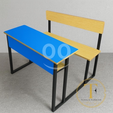 Tuition & Classes in Aley - مقعد مدرسي خشبي مزدوج مع طاولة زرقاء | Wooden Double School Desk with Blue Table and Metal Frame