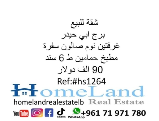شقق للبيع في برج ابي حيدر - شقة للبيع برج ابي حيدر غرفتين نوم، صالون سفرة،حمامين ط 6 سند 90 الف دولار