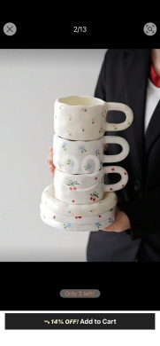 طقم كوب وصحن السيراميك بنقوش الزهور اليدوية | Floral Hand-Painted Ceramic Cup & Saucer Set — 2