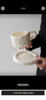Kitchen in Abdeh - طقم كوب وصحن السيراميك بنقوش الزهور اليدوية | Floral Hand-Painted Ceramic Cup & Saucer Set