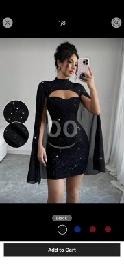 الملابس، الأحذية والزينة في عبده - فستان "إلينزجا" القصير اللامع بتصميم الكاب | Elenzga Elegant Glitter Cape Sleeve Mini Dress