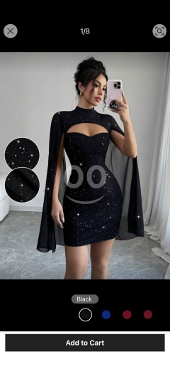فستان "إلينزجا" القصير اللامع بتصميم الكاب | Elenzga Elegant Glitter Cape Sleeve Mini Dress