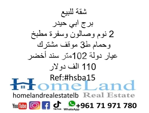 شقق للبيع في برج ابي حيدر - شقة للبيع برج ابي حيدر 2 نوم وصالون وسفرة مطبخ وحمام ط3 موقف مشترك عيار دولة 102متر سند أخضر