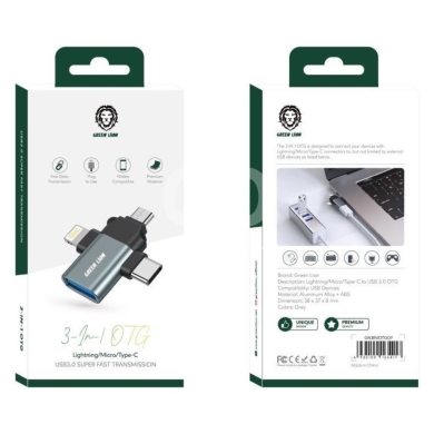 اكسسوارات الهاتف المحمول في نبطيه - Green Lion - 3In1 OTG Lighting/Micro/Type-C USB 3.0 Super Fast Transmission