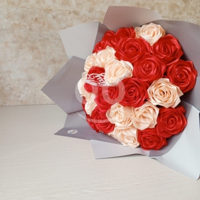 Morpho Luxury Handmade Satin Rose Bouquet (25 Flowers) - Red & Cream Permanent Gift for… — 4