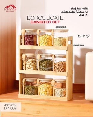 Kitchen appliances in Jeita - MOMAZ 9-Piece Borosilicate Glass Canister Set with Bamboo/Wood Stand & Spoons - 3 Tier Spice Rack