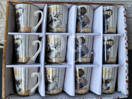 Kitchen appliances in Jeita - MOMAZ 12-Piece Ceramic Coffee Mug Set - Rustic White Wood Plank & Coffee Bean Design