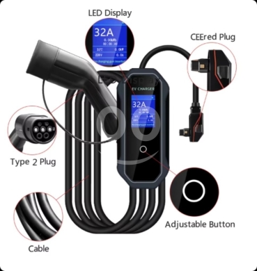 شاحن سيارات كهربائية محمول وشاشة عرض LCD ذكية | Portable EV Charger 7kW 32A with Smart LC… — 6