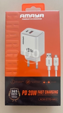 Mobile accessories in Bab Al Ramel - شاحن أمايا سريع ٢٠ واط بمنفذين مع كابل مايكرو بضمان سنة | AMAYA PD 20W Dual Port Charger