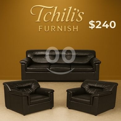Mobilier et équipement de bureau dans Aley - طقم كنب جلدي أسود فاخر للمكاتب والصالونات | Premium Black Leather Sofa Set for Office and Lounge