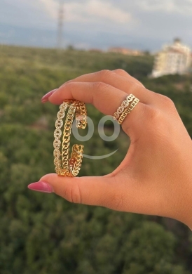 طقم أسورة وخاتم ذهبي برازيلي بتصميم سلسلة كوبي (Cuban Chain) — 4