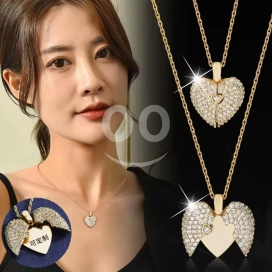 Custom Engraved Angel Wing Heart Necklace - Heavy Brazilian Chain (Gold/Silver) — 4