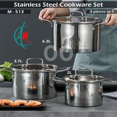 Kitchen appliances in Tripoli - 3-Piece Stainless Steel Cookware Set M-513 | Premium Pots with Tempered Glass Lids (2L, 3.7L, 6.3L)