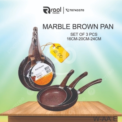 Kitchen appliances in Awkar - طقم مقالي جرانيت رخامي بني 3 قطع بمقاسات متنوعة | 3-Piece Marble Brown Non-Stick Pan Set