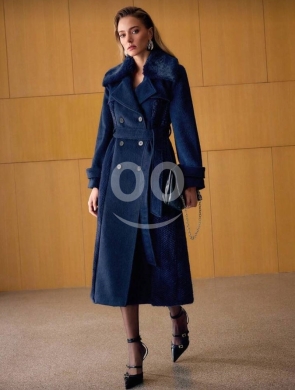 Clothes, Footwear & Accessories in Tripoli - معطف نسائي طويل كحلي بياقة فرو وحزام خصر | Elegant Navy Blue Women&#039;s Coat with Faux Fur Collar