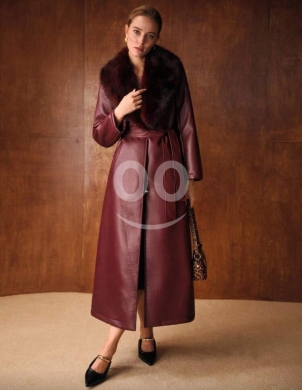 Clothes, Footwear & Accessories in Tripoli - معطف جلد نسائي طويل بياقة فرو وحزام خصر أنيق | Elegant Women&#039;s Faux Leather Long Coat with Fur Colla