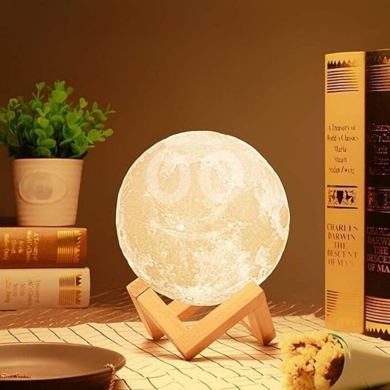 مصباح القمر ثلاثي الأبعاد مع حامل خشبي | 3D Moon Lamp Night Light with Elegant Wooden Sta… — 3