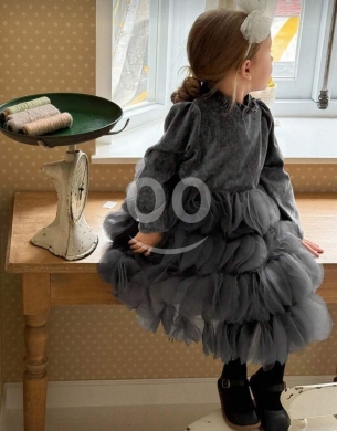 Vêtements, chaussures et accessoires dans Tripoli - فستان بناتي شتوي مخملي رمادي مع تنورة تول مرفلة | Girls&#039; Grey Velvet Winter Dress with Ruffled Tulle
