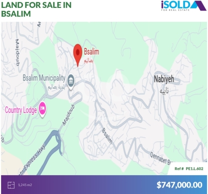Lands for sale in Bsalim - 1245m2 Prime Land+open view 4sale in Bsalim - أرض للبيع في بصاليمPE1L602