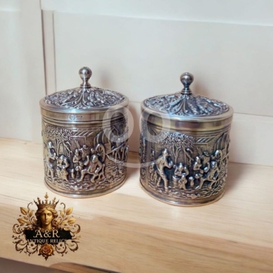 Antiques & Collectibles in Dekouaneh - Pair of Antique Silver-Plated Copper Canisters (Sugar Bowls) | Embossed European Scene Set