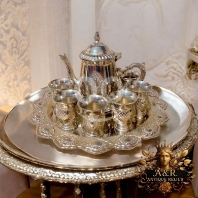 Antiques & Collectibles in Dekouaneh - Antique Oriental Silver-Plated Tea Set (7 Pcs) | Hand-Engraved Copper Kettle & Cups