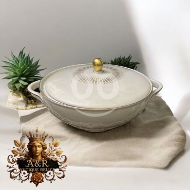 Antiques & Collectibles in Dekouaneh - Antique Porcelain Tureen / Covered Casserole Dish | White with Gold Accent | Elegant Serving