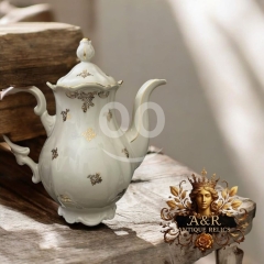 Antique Baroque Porcelain Coffee/Tea Pot | White China with Gold Floral Accents | Luxury Style