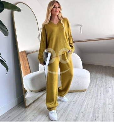 Clothes, Footwear & Accessories in Zouk Mikaël - Cozy Mustard Yellow Knit Two-Piece Set | Women&#039;s V-Neck Sweater & Wide-Leg Trousers