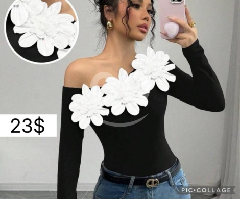 Clothes, Footwear & Accessories in Jounieh - توب نسائي أسود بكتف مكشوف وزهور بارزة | Women&rsquo;s Off-Shoulder 3D Flower Black Top