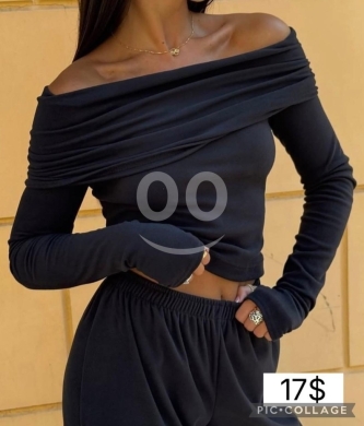 الملابس، الأحذية والزينة في مدينة بيروت - طقم قطني أسود عصري قطعتين بأكتاف مكشوفة | Trendy Black Two-Piece Off-Shoulder Cotton Set