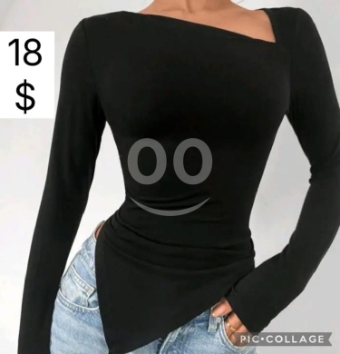 Vêtements, chaussures et accessoires dans Beyrouth - توب أسود ليكرا بقصة مائلة وتصميم عصري أنيق | Chic Black Asymmetric Neckline Fitted Cotton Top