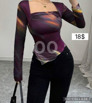 Clothes, Footwear & Accessories in Beirut City - توب بنفسجي ليكرا بطبعة فنية وياقة مربعة عصرية | Artistic Purple Abstract Print Lycra Square Neck Top