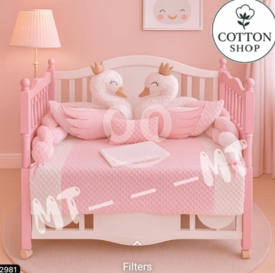 7-Piece Swan Design Baby Crib Bedding Set - Cotton Shop, Bumper Protection & Fitted Sheet — 3